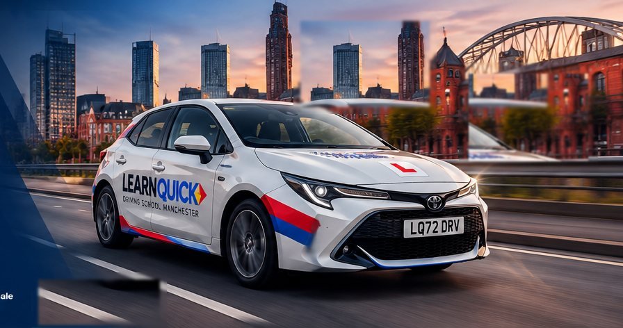 Learn Quick Driving School tuition car driving through Manchester at sunset